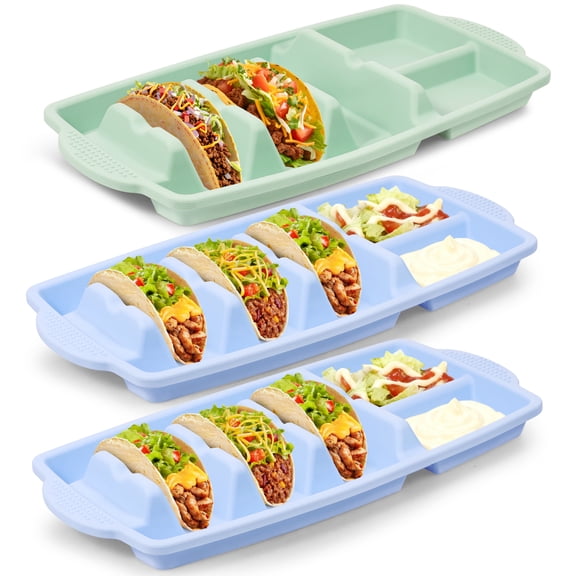 3PCS Silicone Taco Holder Plate Taco Plates with 3 Divider and 2 Dip Bowl Taco Holders Set Microwave and Dishwasher Safe Heavy Duty Non Slip for Hard/Soft Shell