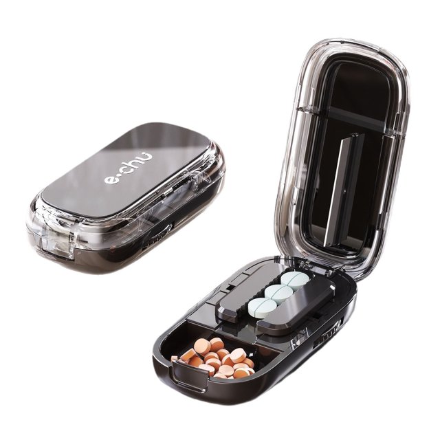 Compact Jet-Black Pill Splitter and Dispenser with Dual-Split Function and Lock-Buckle Design for Easy Portability