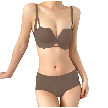 Summer Savings Clearance 2025! Loopsun Lingerie for Women  Women s Solid Color without Steel Ring Invisible Backless Seamless Beautiful Back Bra Underwear Set Lingerie Sets Coffee S