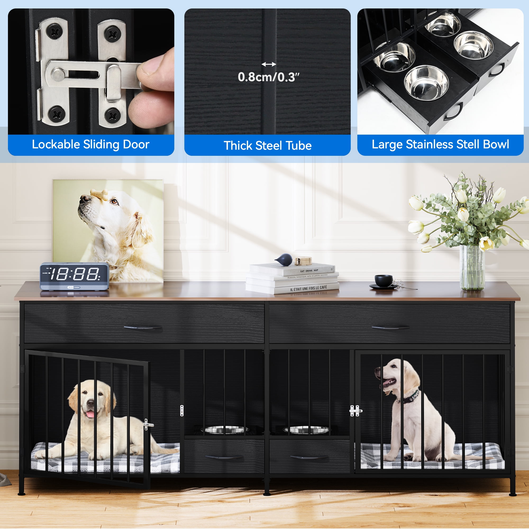 Dextrus Indoor Dog Crate Furniture Large Breed with Storage&Dog Feeder, Double Dog Kennel Furniture TV Stand, 74.8" Inch Wooden Decorative Dog Kennel Furniture for 2 Dogs, Black