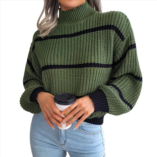 Suéter de Punto Grueso A Rayas con Cuello Alto para Mujer, Suéteres de Larga de Invierno, Tops Verde M