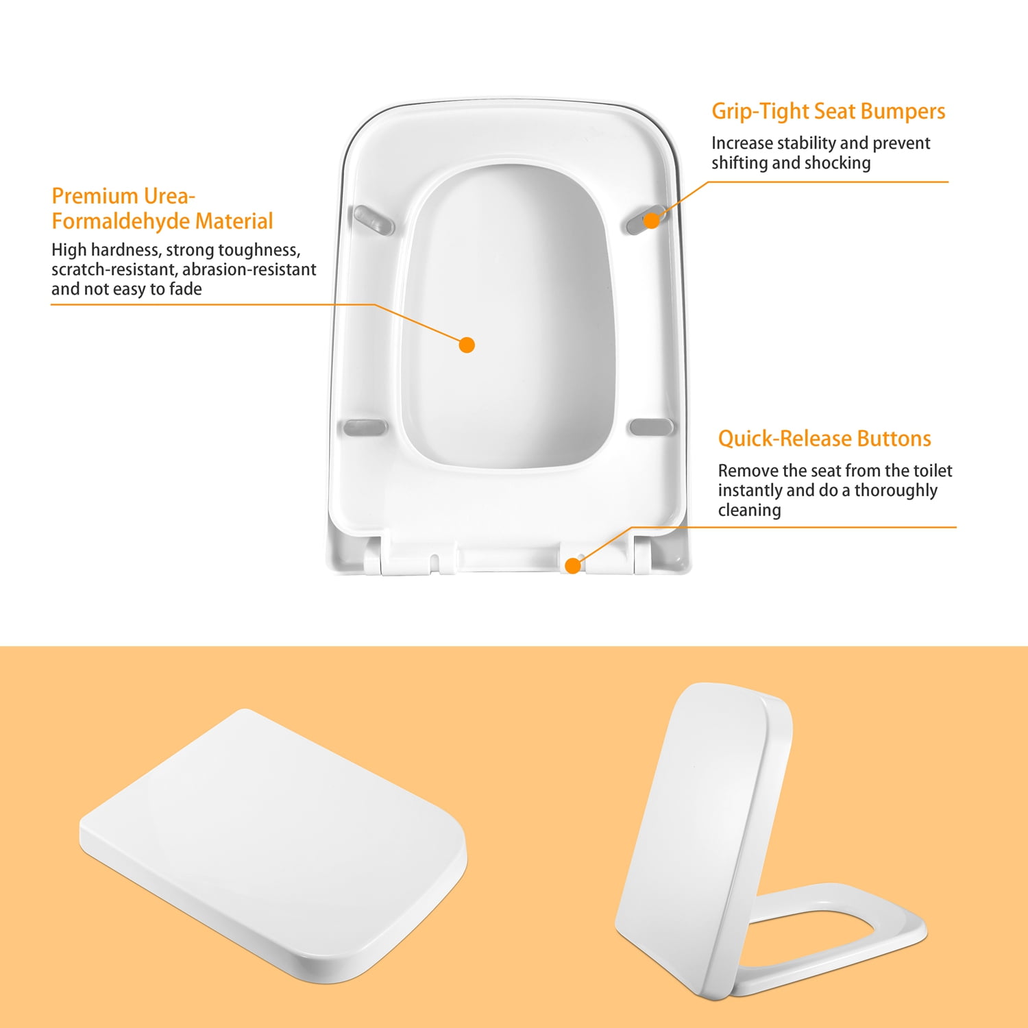 iMountek 17.72"L x 13.77"W Square Toilet Seat Cover, Heavy-Duty Quiet-Close Toilet Seat with Grip-Tight Seat Bumpers Quick-Release Easy Cleaning, White