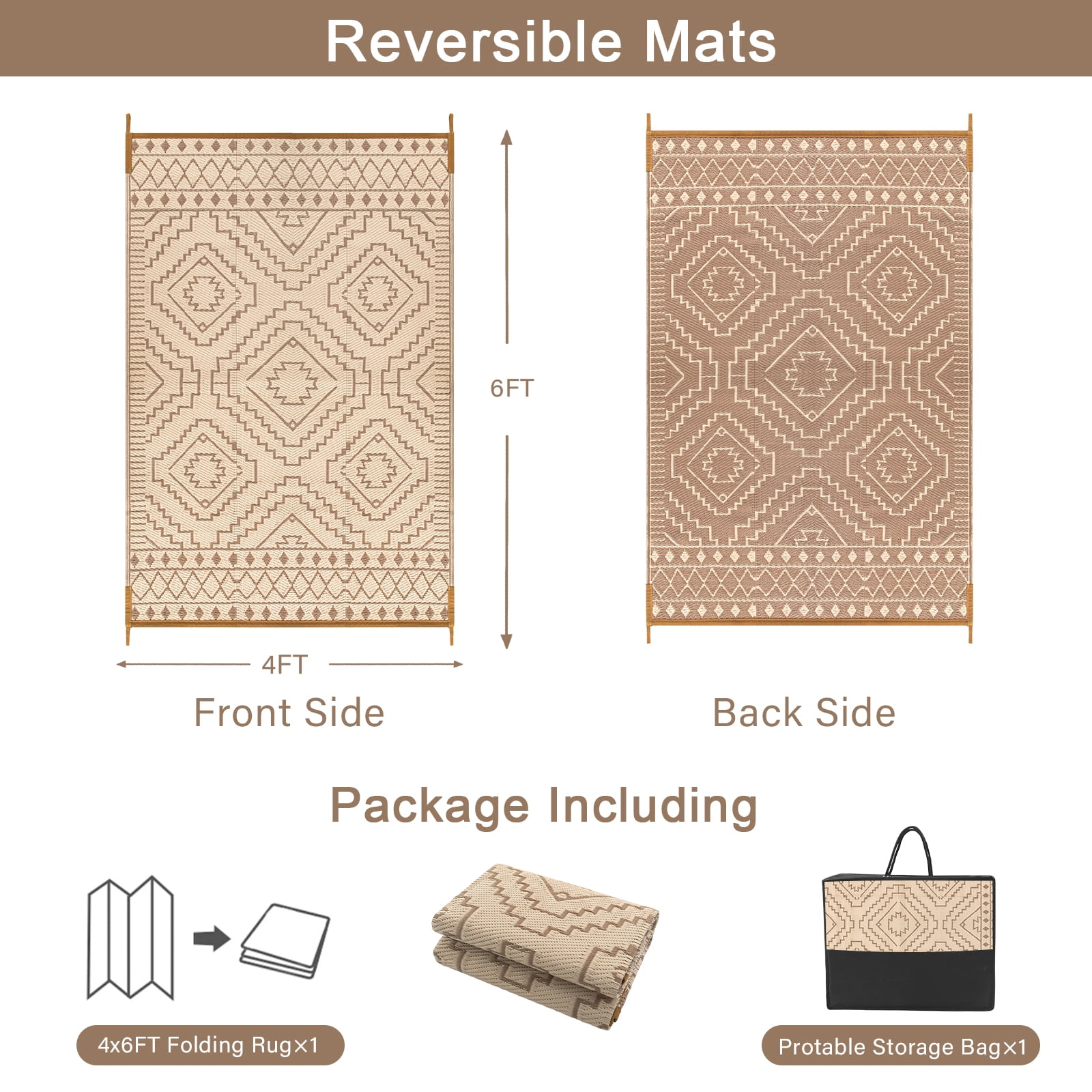 Lahome Indoor/Outdoor Decor Rug 4x6 in Beige & Brown - Waterproof & Reversible Plastic Straw Mat for Patio, Deck, Balcony, Picnic, RV Camping