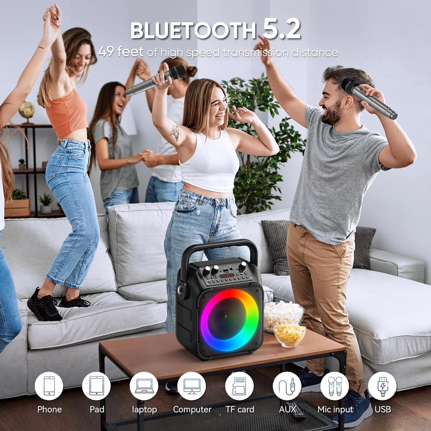 Bonaok Karaoke Machine for Adults with 2 Wireless Microphones, Portable Karaoke Machine, Karaoke Microphone with PA System for Home Party, Black