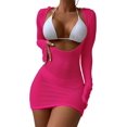 thumbnail image 1 of Vestido de ganchillo para mujer, de manga larga, con cuello dividido, para la playa Rosado M Rosado M Xishao ropa, 1 of 2
