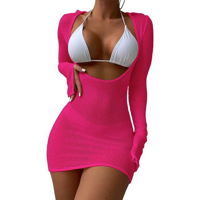 Vestido de ganchillo para mujer, de manga larga, con cuello dividido, para la playa Rosado M Rosado M Xishao ropa