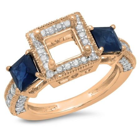 Sapphire Semi Mount - 1.60 Carat (ctw) 10K Rose Gold Princess Cut Blue Sapphire & Round Cut White Diamond Ladies Semi Mount Engagement Bridal
