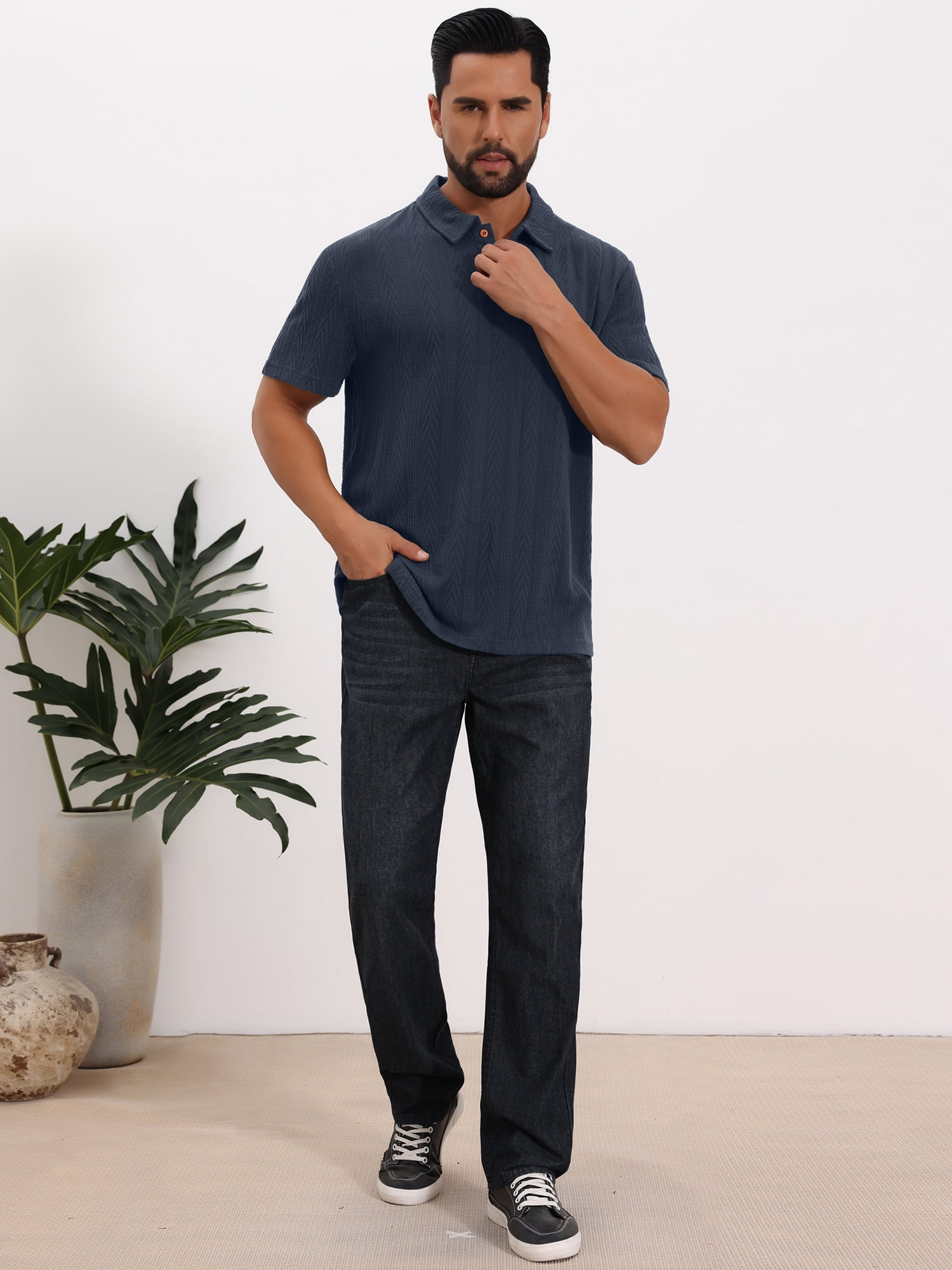 DARING DIVA Men's Jacquard Short Sleeve Button Down Collared Polo Shirts L Dark Blue