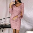 thumbnail image 2 of Tiqkatyck Sequin Dress Women Solid Sequined Stitching Shining Club Sheath Long Sleeved Mini Dress Dresses for Women 2023 Pink, 2 of 5