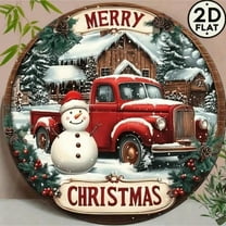 HELLOYOUNG Country Metal Christmas Sign, Red Pickup Truck Snowman Wreath, Holiday Decor for Front Door Home Kitchen