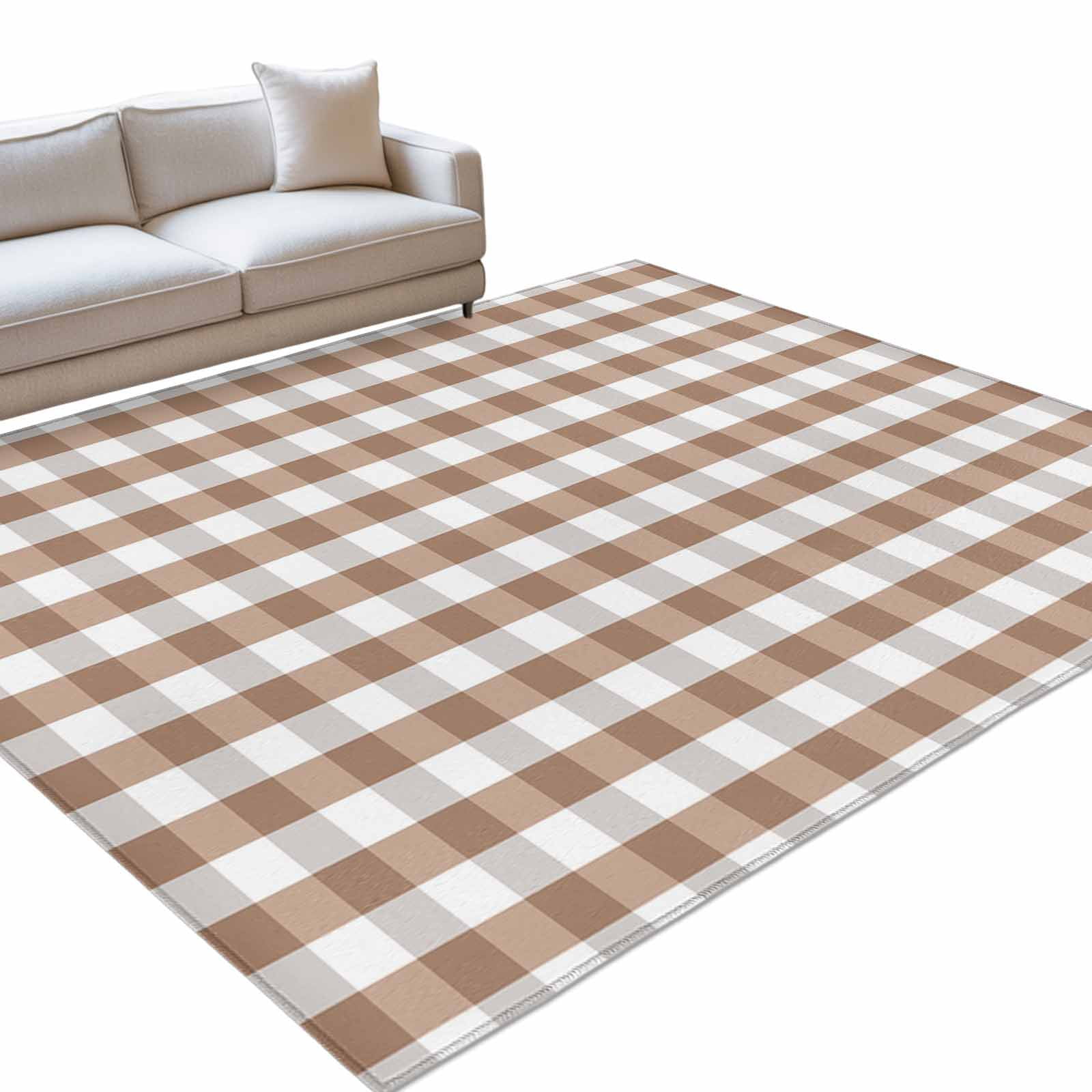 Brown White Large Area Rugs 6x9ft Grey Buffalo Plaid Texture Washable Rug Non Slip Indoor Carpet Absorbent Floor Mat for Living Room Bedroom Dining Room