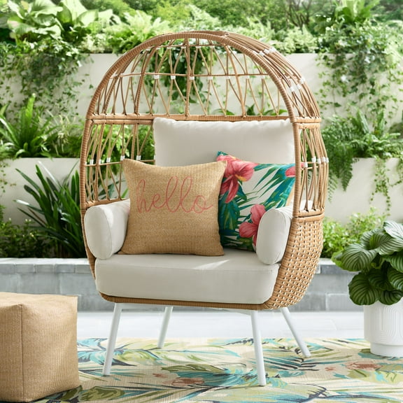 Better Homes and Gardens Lilah Boho Outdoor Stationary Wicker Egg Chair; White