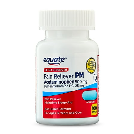 Equate Extra Strength Pain Reliever PM Caplets, 500mg & Diphenhydramine HCI 25mg, 100 Count