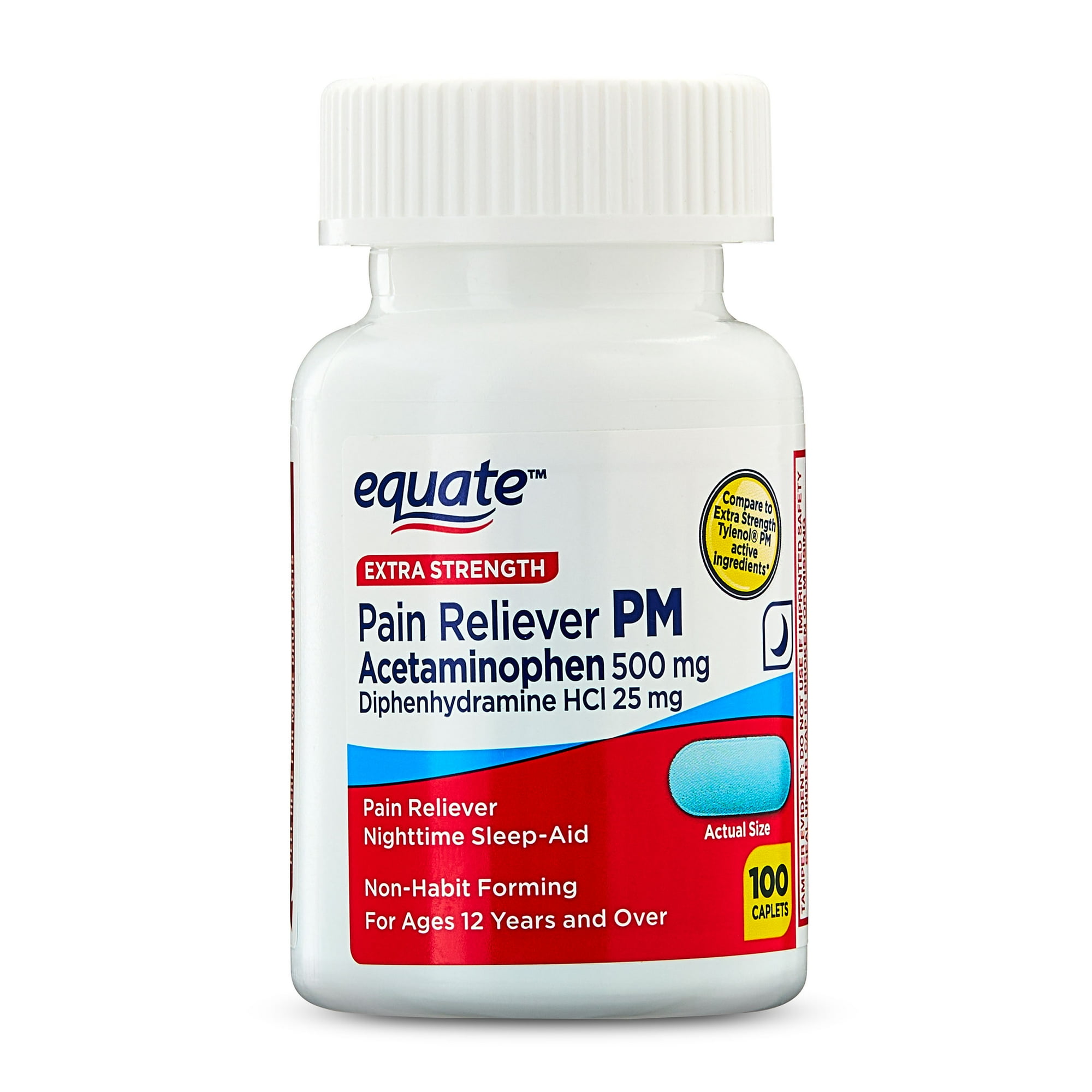 Equate Extra Strength Pain Reliever PM Caplets, 500mg & Diphenhydramine HCI 25mg, 100 Count