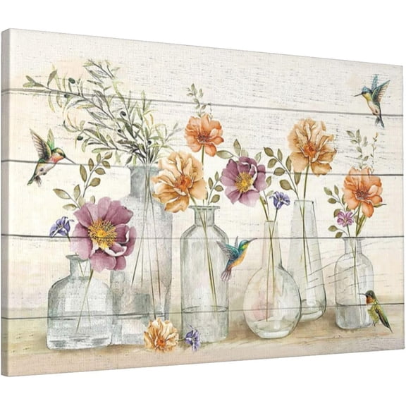 Farmhouse Flower Bathroom Decor Wall Art Hummingbird Floral Pictures Wall Decor Bottles Canvas Painting Prints Artwork Home Decorations Framed for Bedroom 16inx24in