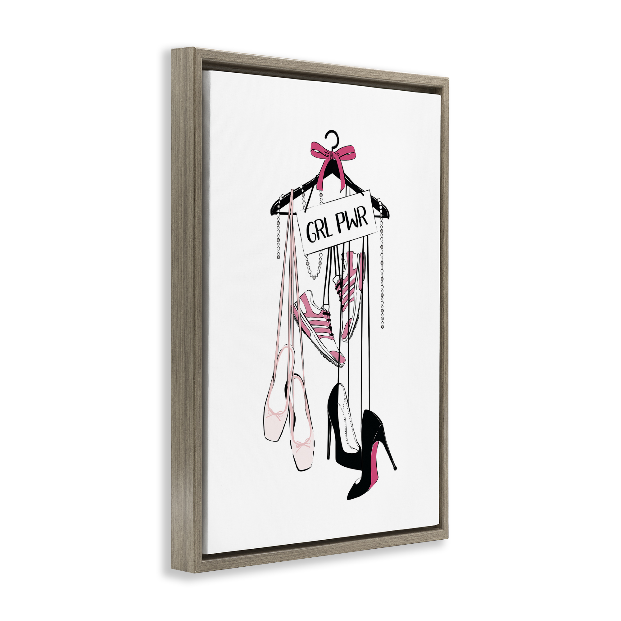 Stupell Industries Grl Pwr Hanging Shoes Beauty & Fashion Painting Brown Floater Framed Art Print Wall Art, 21 x 31