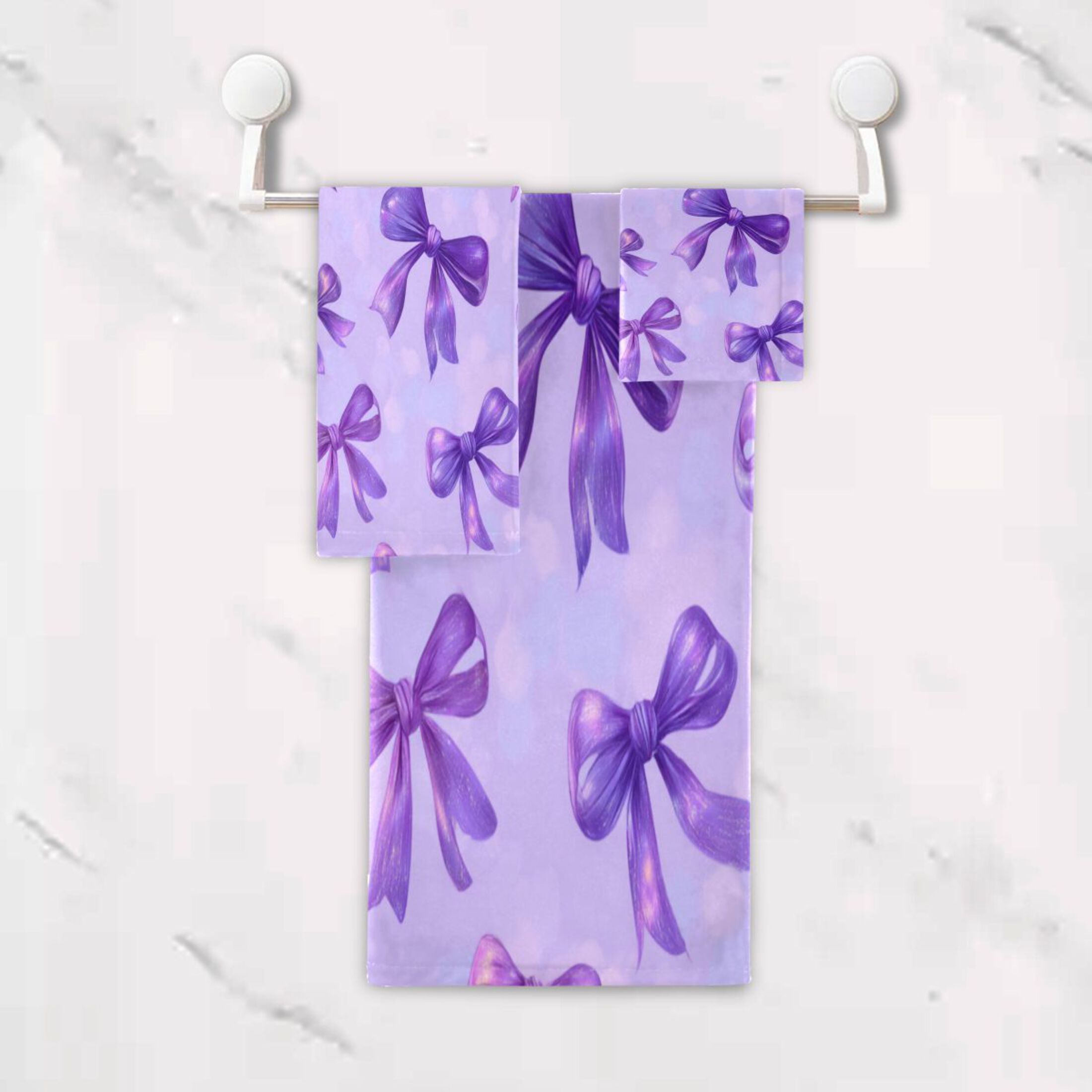 3 Sizes of Towel Sets Including Bath Towel Hand Towel and Washcloth for Daily Use Vibrant Purple Bows Pattern