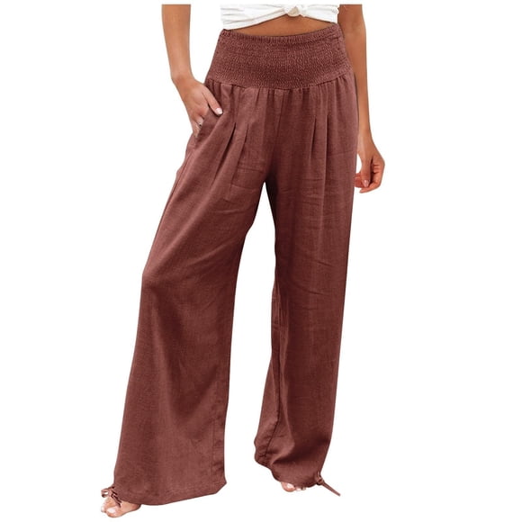 Burgundy Wine Faux Linen Pants for Women Fall Summer Loose Fit Brunch High Leg Flare Bell Bottom Straight Leg Plain Long Bootcut Leg Pants Ladies 2025 Clothing S