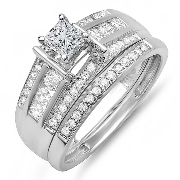Dazzlingrock Collection 1.00 Carat (ctw) 10K Princess & Round Diamond Ladies Bridal Ring Set Matching Band, White Gold, Size 8