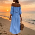thumbnail image 7 of ClodeEU Women's Linen Blend Off The Shoulder 3/4 Sleeve Lace Patchwork Maxi Dress,Casual Beach Dress with Side Slit Blue,Women's Plus S, 7 of 7