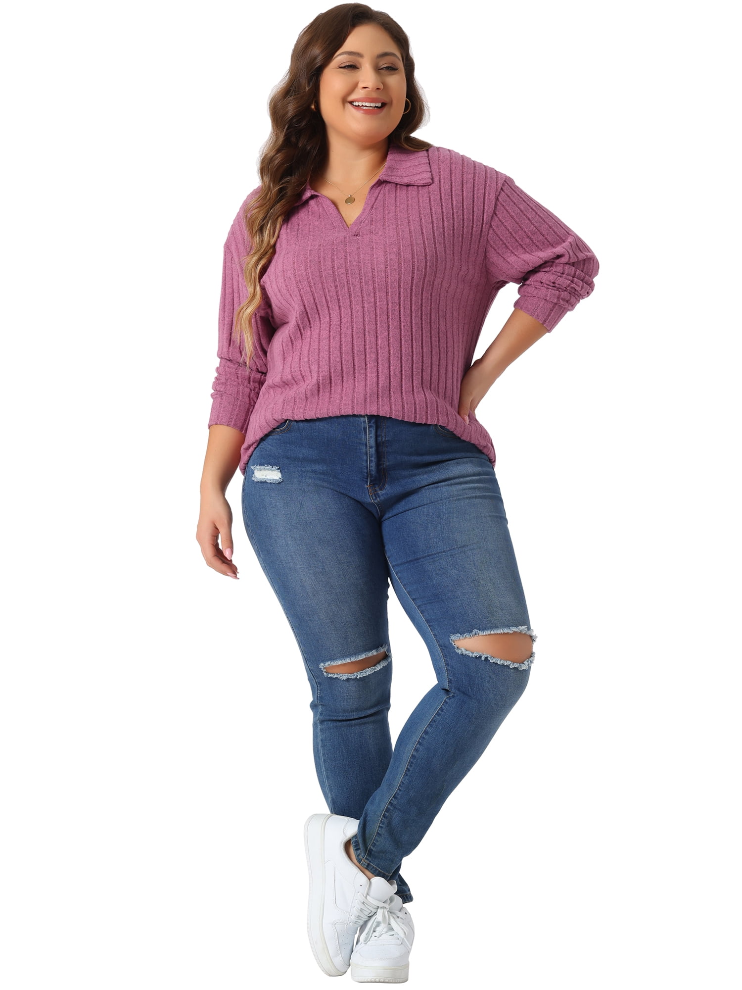 DARING DIVA Women's Plus Size Loose V Neck Long Sleeve Polo 2X Fuchsia
