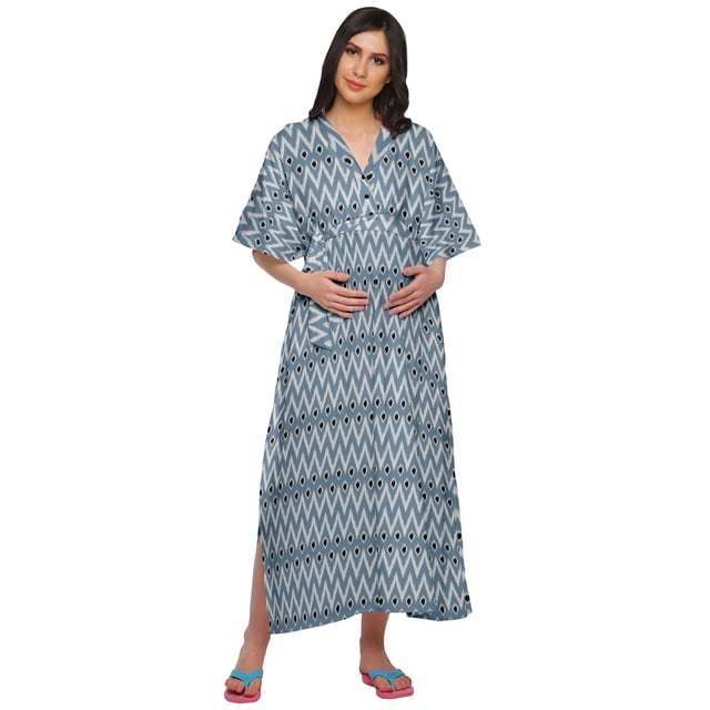 Moomaya Robe Maxi Kaftan de Maternité Longue pour Femmes à Manches Kimono Boutonnée
