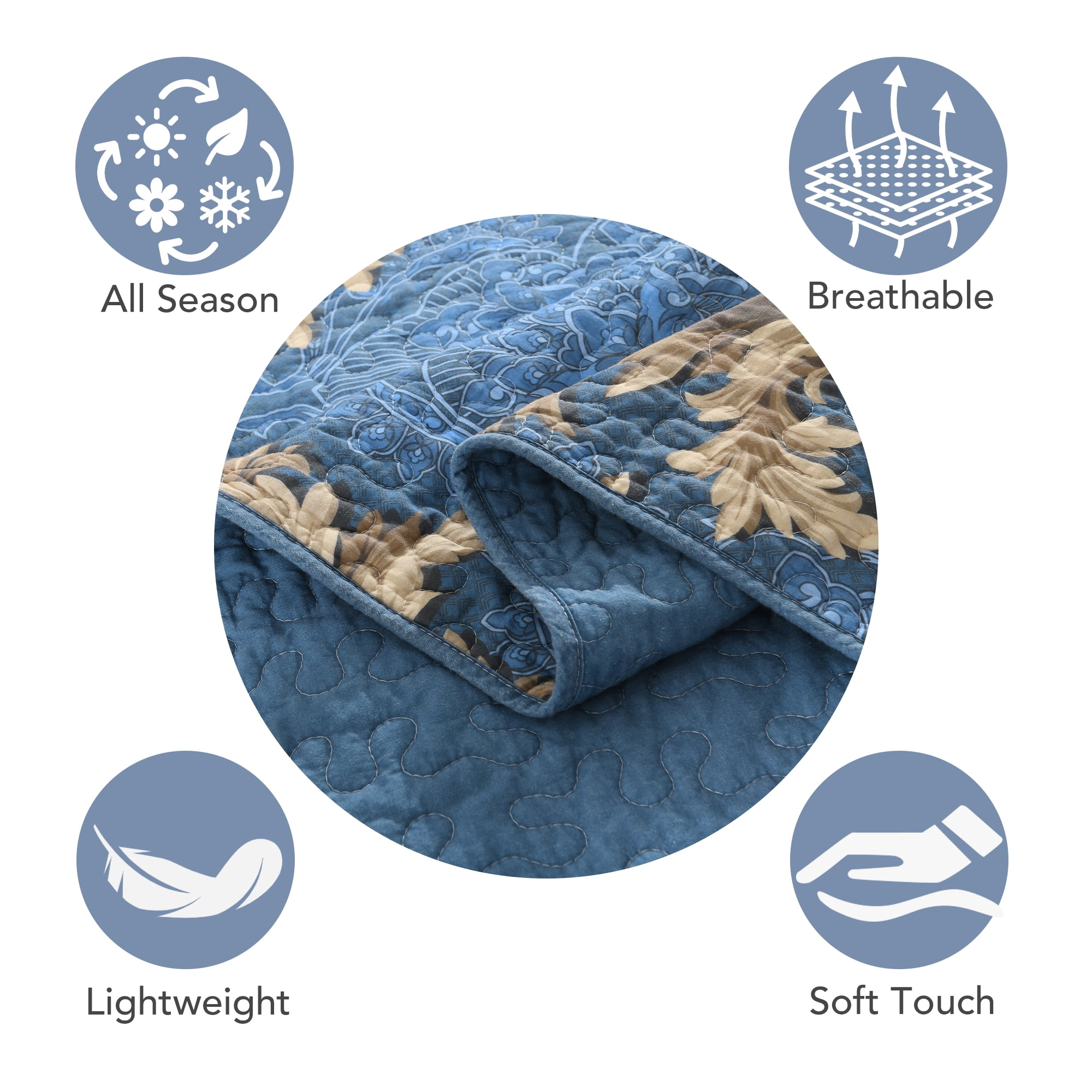BCOTTOND Floral Quilt Set King Size - Reversible Dimensional Botanical Bedspread - 100% Cotton Pre-Washed Luxury Coverlet with 2 Pillow Shams(Bule/Brown)