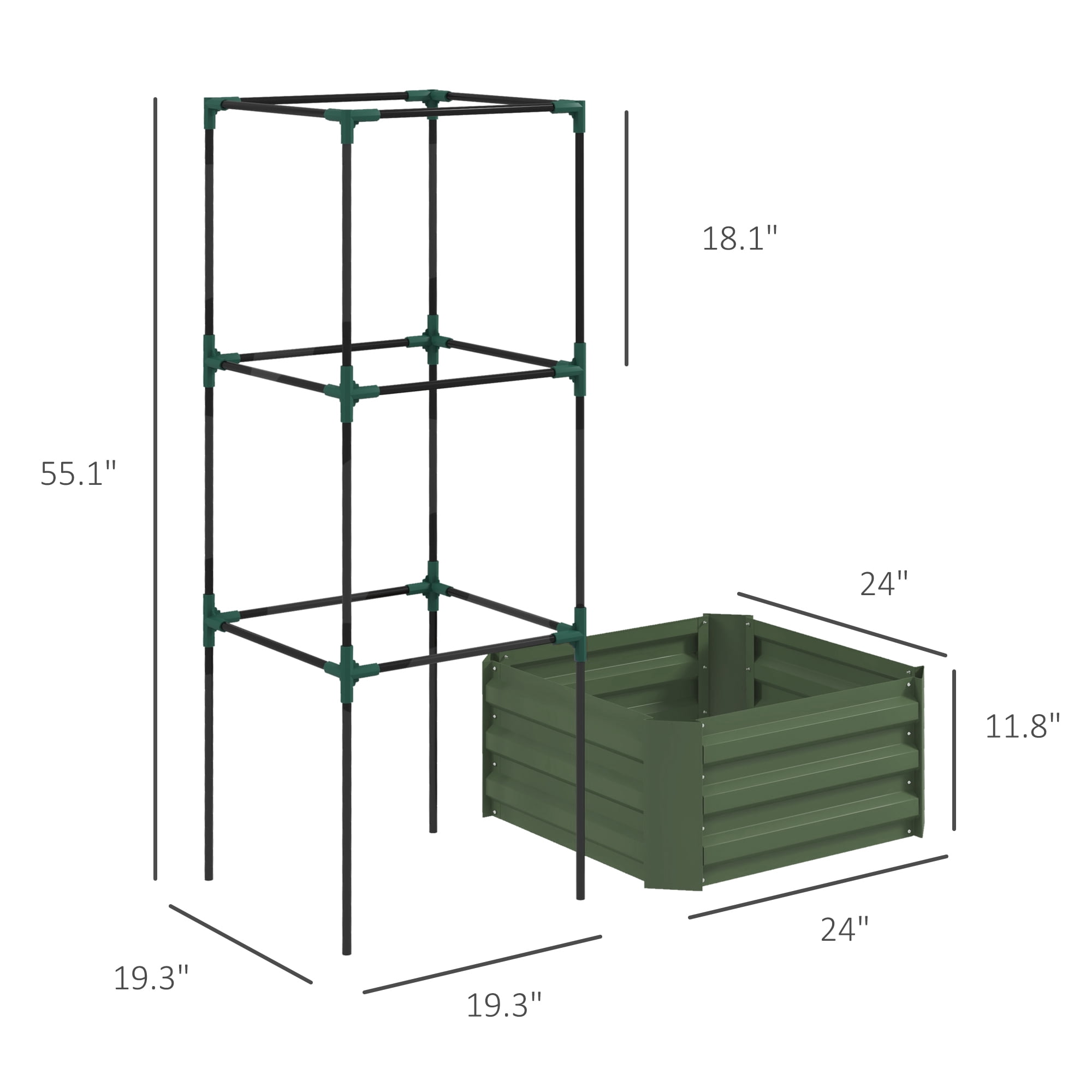 Outsunny Raised Garden Bed, 24" x 24" x 55" Galvanized Planter Box w/ Tomato Cage, Open Bottom for Climbing Vines, Green