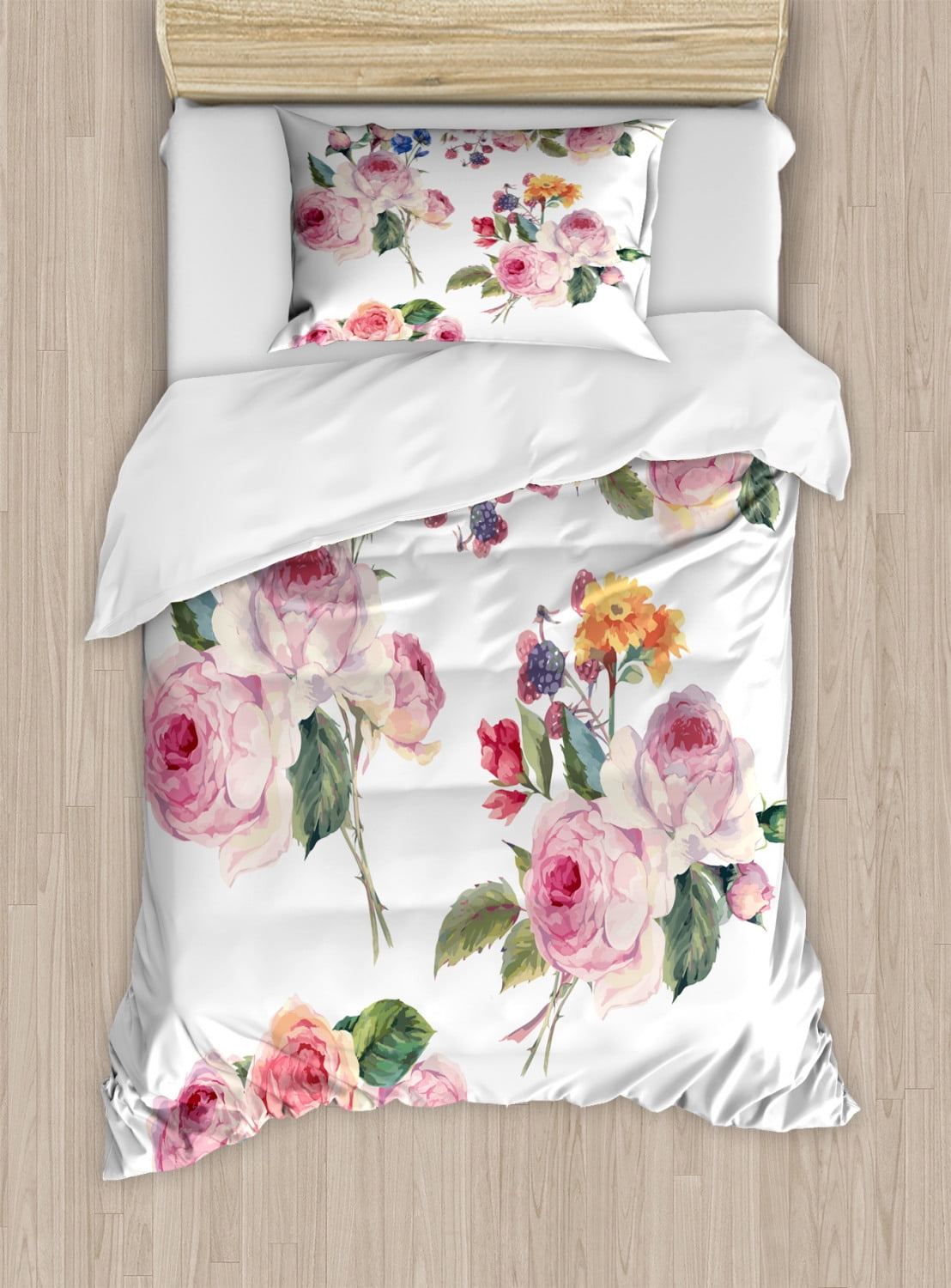 Rose Twin Size Duvet Cover Set, Vintage Floral Bouquets with English ...