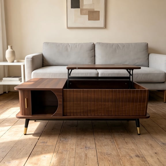 Hommoo Lift Top Coffee Table with Hidden Storage Compartment & Open Shelf, Mid-Century Modern Square Wooden Coffee Table for Living Room, Office or Small Space Dining, Walnut