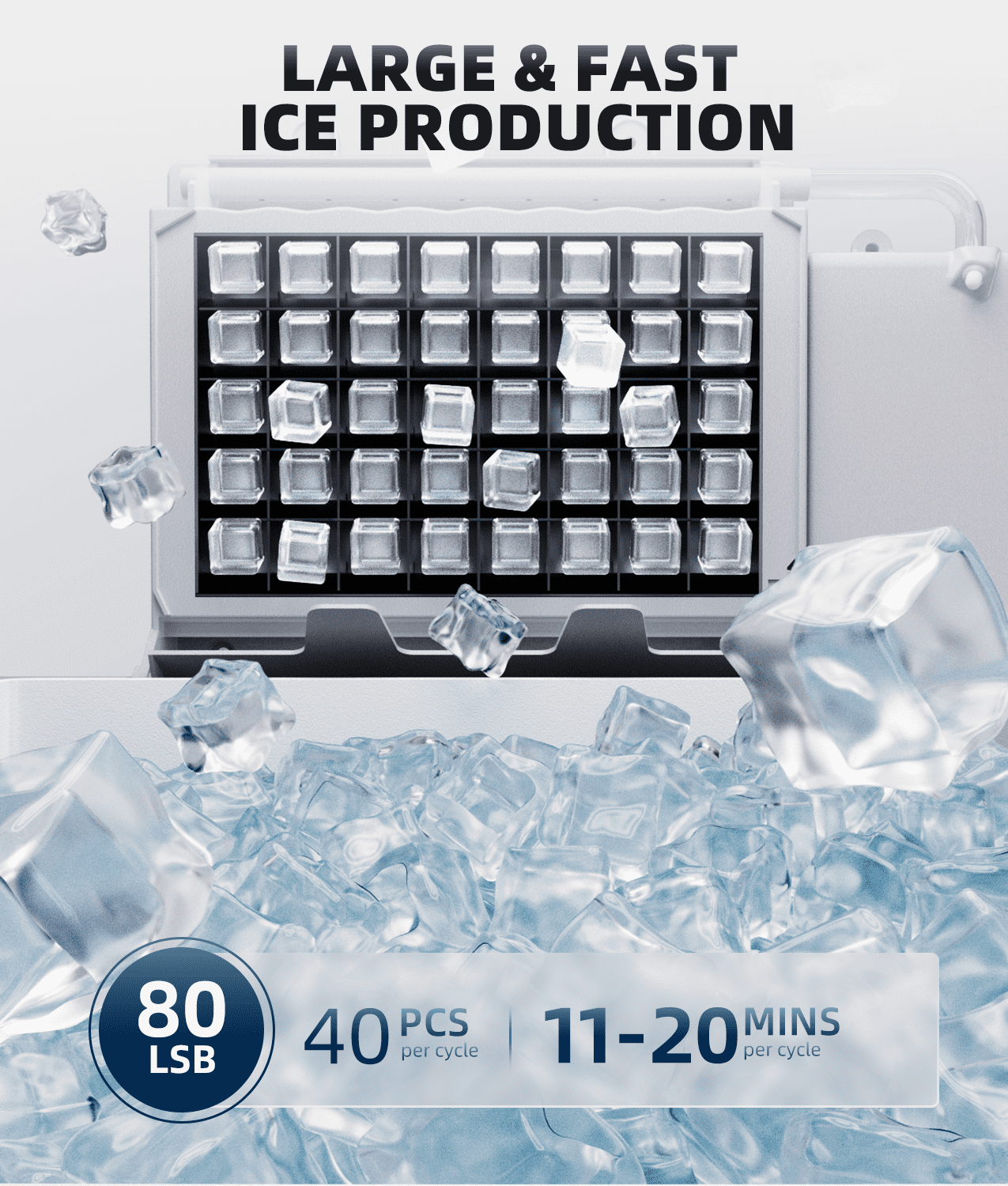 Ecozy Chillio Under Counter Commercial Ice Maker, Produces 80 lbs/24H with 24 lbs Storage Capacity, Built-In or Freestanding Design, Features Auto Self-Cleaning, 24H Timer, Smart LCD Control Panel