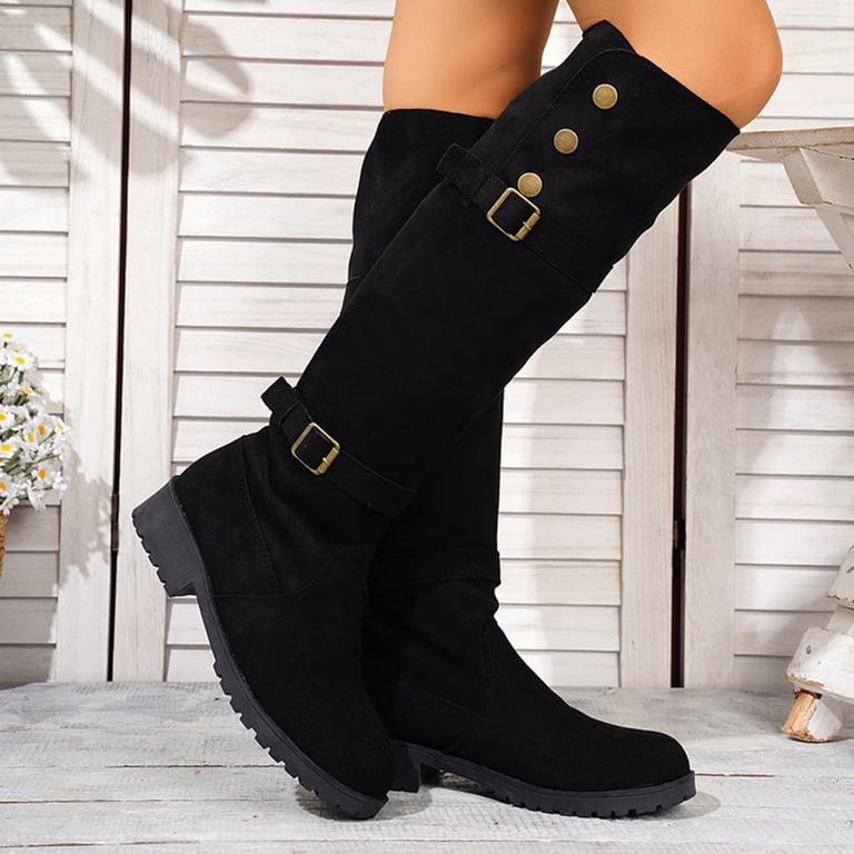 boots with knee length dress Vintage High for Women Block Low Heel Suede Knee Booties Wide Calf Buckle Riding Boots Markdown Adjustment Needed