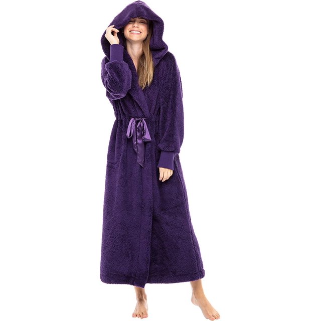 Women's Plush Fleece Robe with Hood, Long Warm Solid Bathrobe