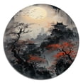thumbnail image 2 of Designart "Crimson Lunar Crow s Call II" Japon Landscape Round Metal Art, 2 of 5