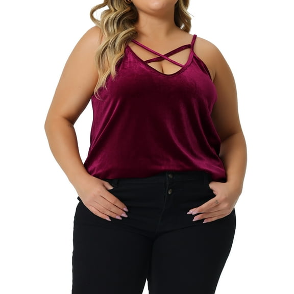 Agnes Orinda Women's Plus Size Velvet Criss Cross V Neck Spaghetti Strap Cami Velvet Tank Top