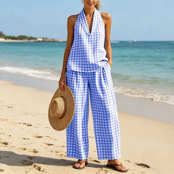 Dianli 2 Piece Sets for Women Summer Linen Plaid Two Piece Set V Neck Top and Wide Leg Pants Matching Outfit Stylish Casual Wear for Women Summer Vacation Travel and Daily Use Blue XXXL