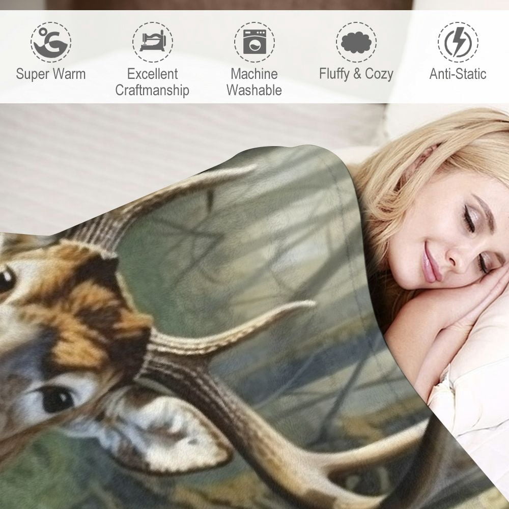 BCIIG  Camo Buck Deer Fleece Blanket for Bed,Queen Size Woodland Fleece Throw Blanket for Men, Women and Kids - Super Soft Plush Deer Blanket Throw, Queen size blanket 60x80in