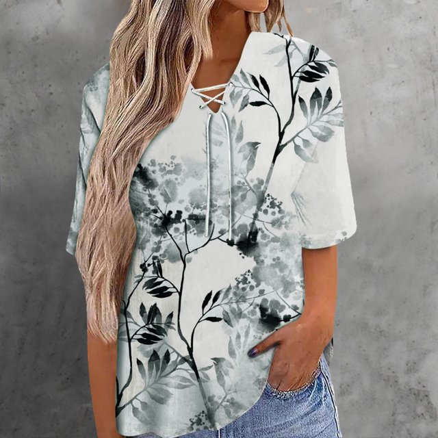 Pntutb Mujeres Clásico Verano Correas Blusa Estampado Cuello en V Manga corta Túnica tops Blusas fluidas Camisa Pntutb Pntutb-433