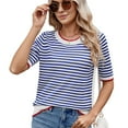 thumbnail image 3 of Womens Summer Short Sleeve Shirts Striped Sweater Cute Casual Trendy Crewneck Knit Blouses White & Blue S, 3 of 9