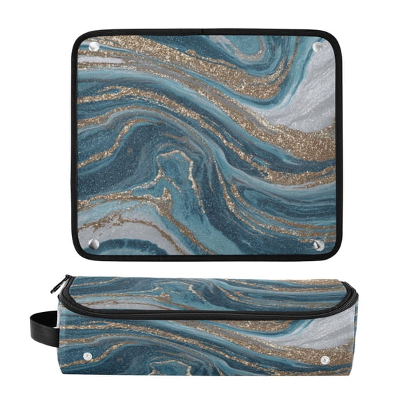 Hair Tools Travel Bag Heat-Resistant Curling Iron Organizer Bag with Detachable Heatproof Mat Travel Storage Case Blue and Gold Swirling