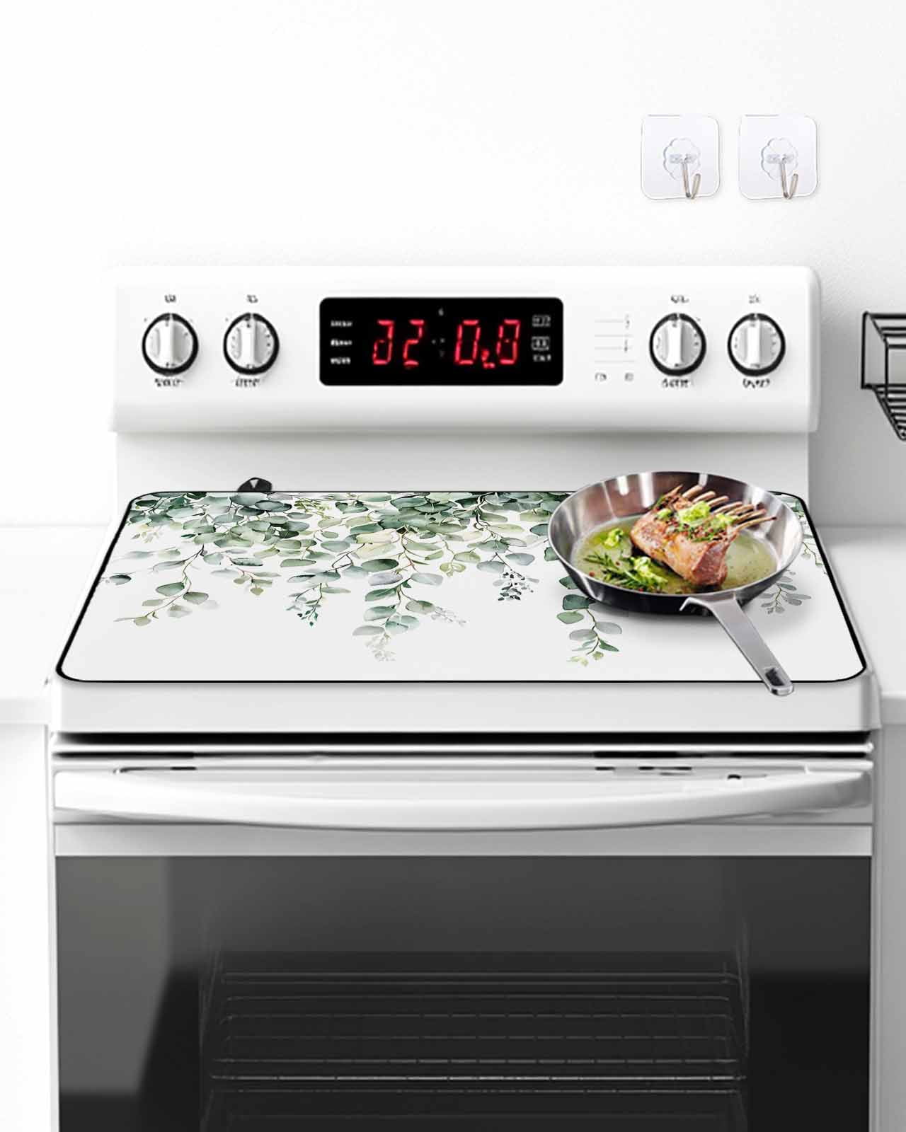Stove Top Covers for Electric Stove, Retro Eucalyptus Leaves Glass Stovetop Cover Protector, Rustic Pastoral Botanical Induction Cooktop Protector Oven Mat for Kitchen Countertop 24"x21"