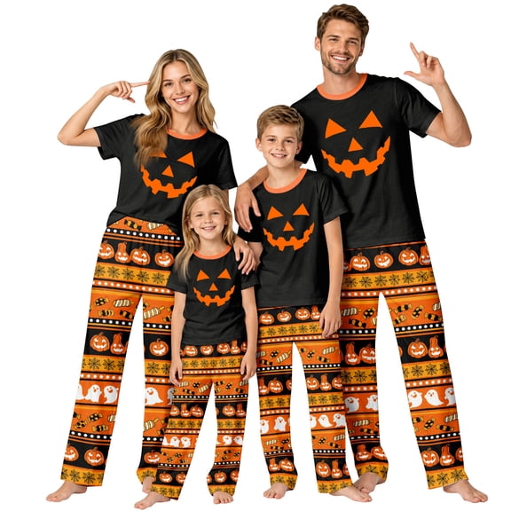 Family Matching Halloween Pajamas Set - 2 piece Pumpkin Face Print Short Sleeve Top and Pants Loungewear,Happy Halloween Festivel Theme Gifts for Whole Family for 6 Years Pjs