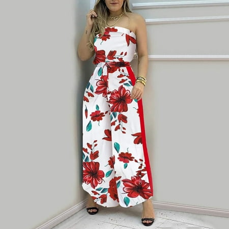 

Cuoff Jumpsuits for Women Fashion Summer Loose Print Bustier Backless Sleeveless Romper Red L