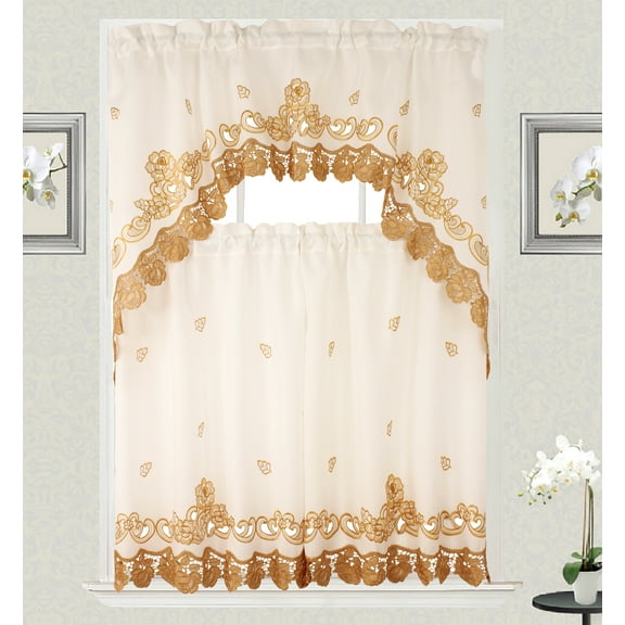 Kathy Macrame Embroidery Design Kitchen Curtain with Swag and Tier Set 36 inch Gold Color