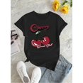 thumbnail image 2 of 1pc Women'S Casual Crew Neck T-Shirt with Cherry Graphic, Geometric Pattern Print, Fashionable Short Sleeve Top, Knit Polyester Fabric, Medium Stretch, All-Season Comfort, 2 of 6