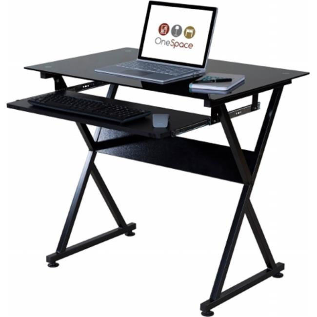 Ultramodern Glass Computer Desk with PullOut Keyboard Tray, Black
