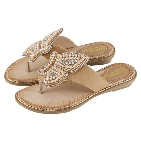 

Womens Fashion Flats Pearls Rhinestones Butterfly Beach Sandals Comfort Thong Sandals Summer Casual Flip Flops