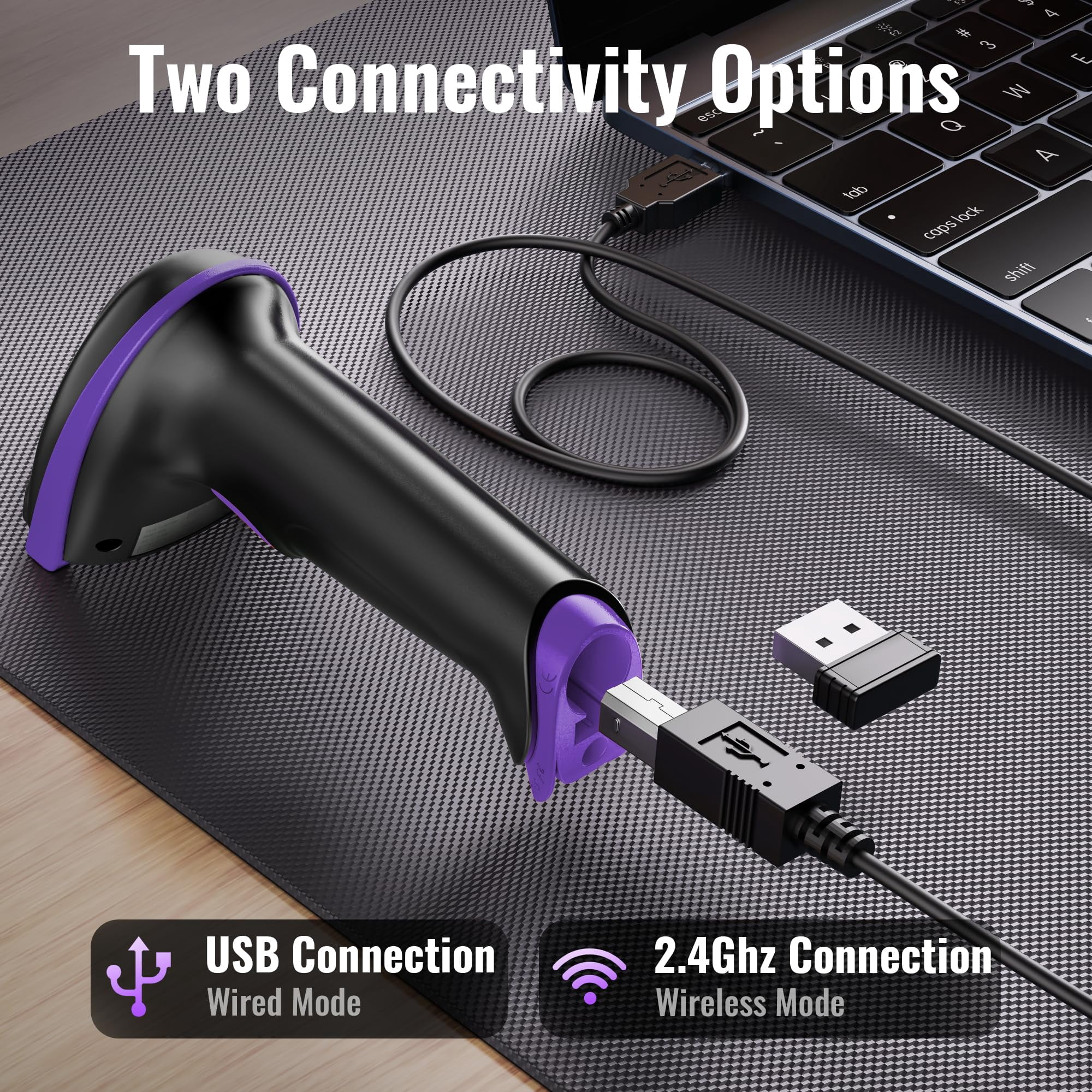 Tera 5100 Barcode Scanner Wireless 1D Laser QR Code Reader, Handheld 2-in-1 for POS with Windows Mac Linux (Purple)