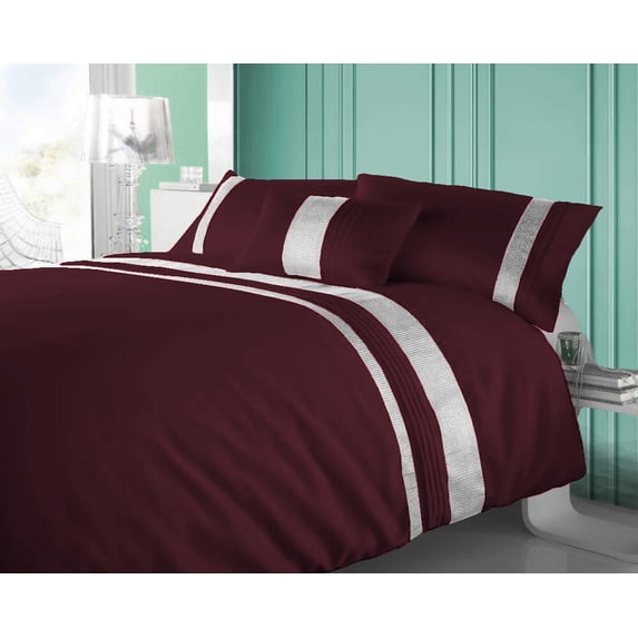 BedDecor 100% Egyptian Cotton 600 TC 3PCS Silver Lining Duvet Set + 1PC Cushion Cover (Wine, Full/Queen)