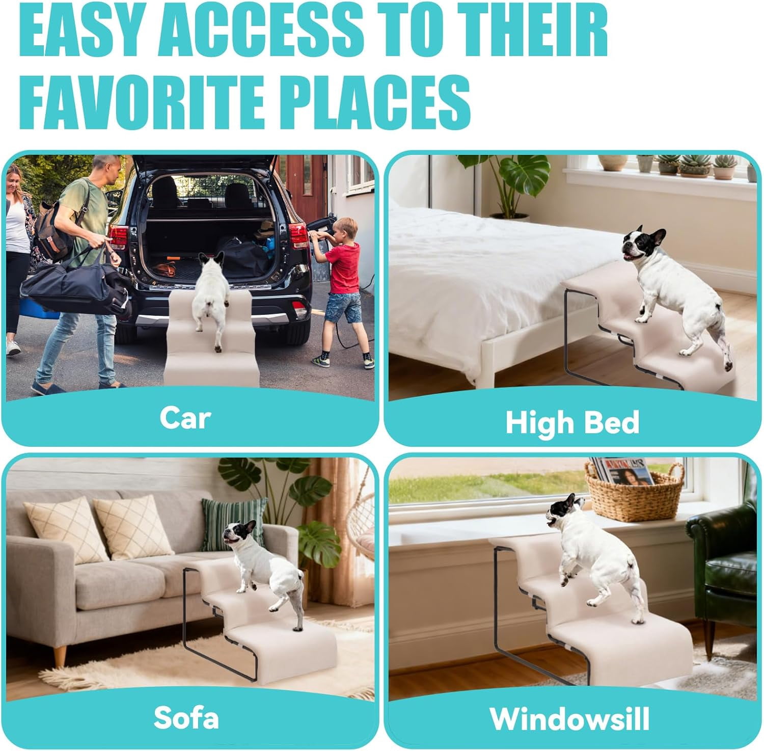 3-Step Pet Stairs with Soft Cushion, Non-Slip Gentle Slope Pet Steps, Sturdy Safe Climbing Stairs for Small Medium Dogs Cats, Easy Access to Bed Sofa Chair Windowsill